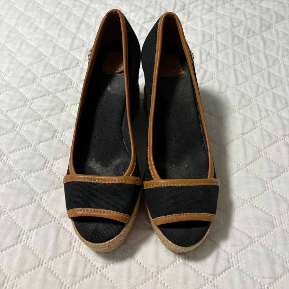 Tory Burch Majorca Canvas Black and Tan Wedges - Picture 3 of 9